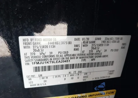 2020 Ford Expedition Limited z USA, uszkodzony, nr VIN 1FMJU1KT9LEA20451